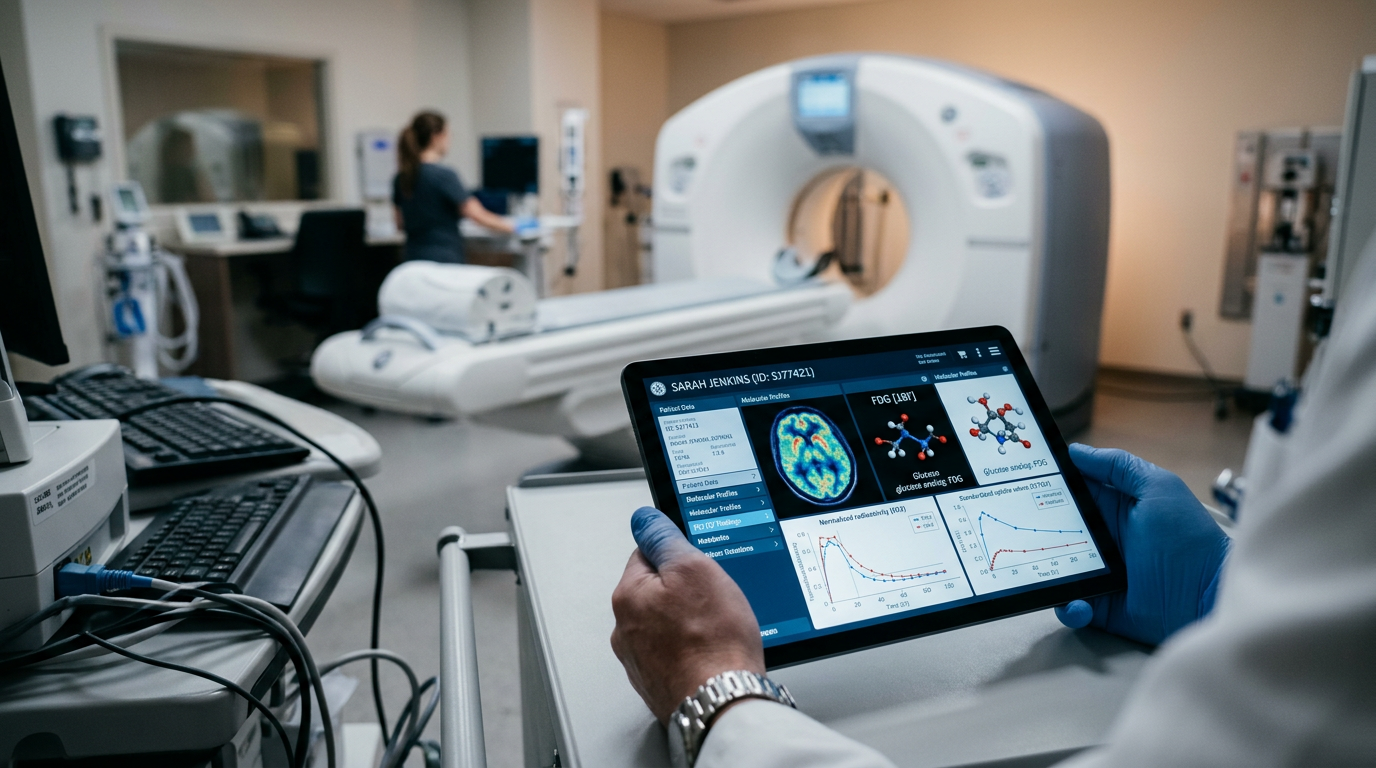 PET/CT görüntüleme ve hasta veri analizi içeren klinik ortam.