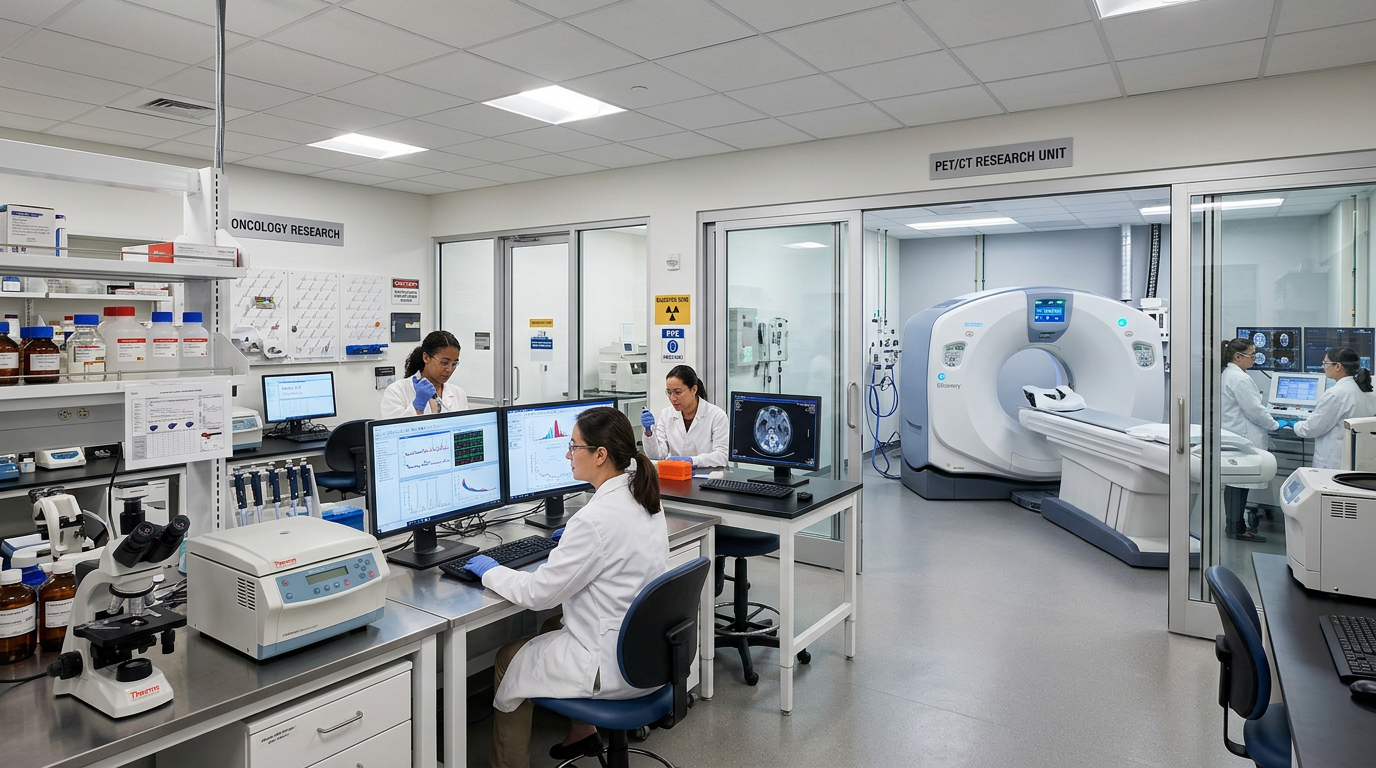 Klinik çalışmalarda hasta değerlendirmesi için kullanılan modern PET/BT görüntüleme tesisi.