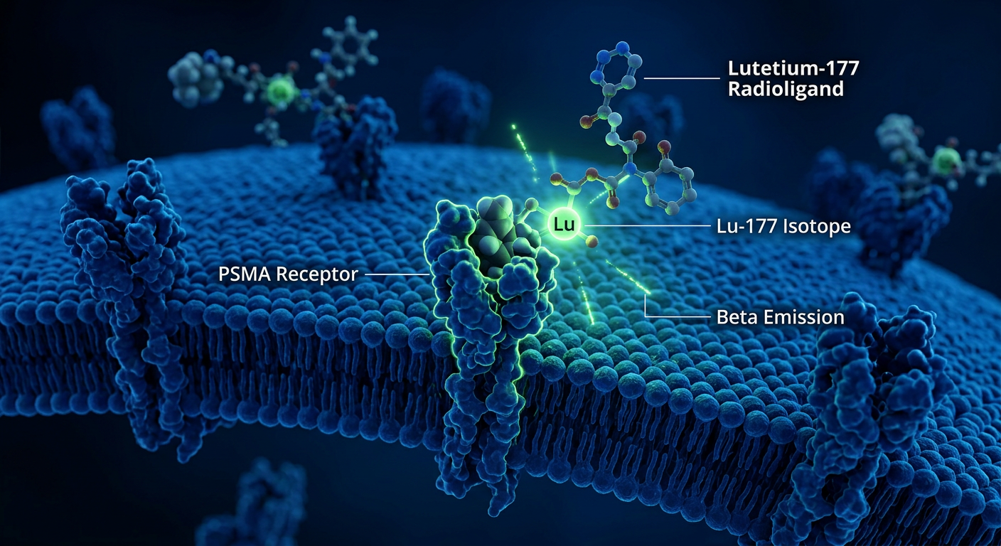 177Lu-PSMA-617 molekülünün kanser hücresine bağlanmasının moleküler görselleştirmesi.