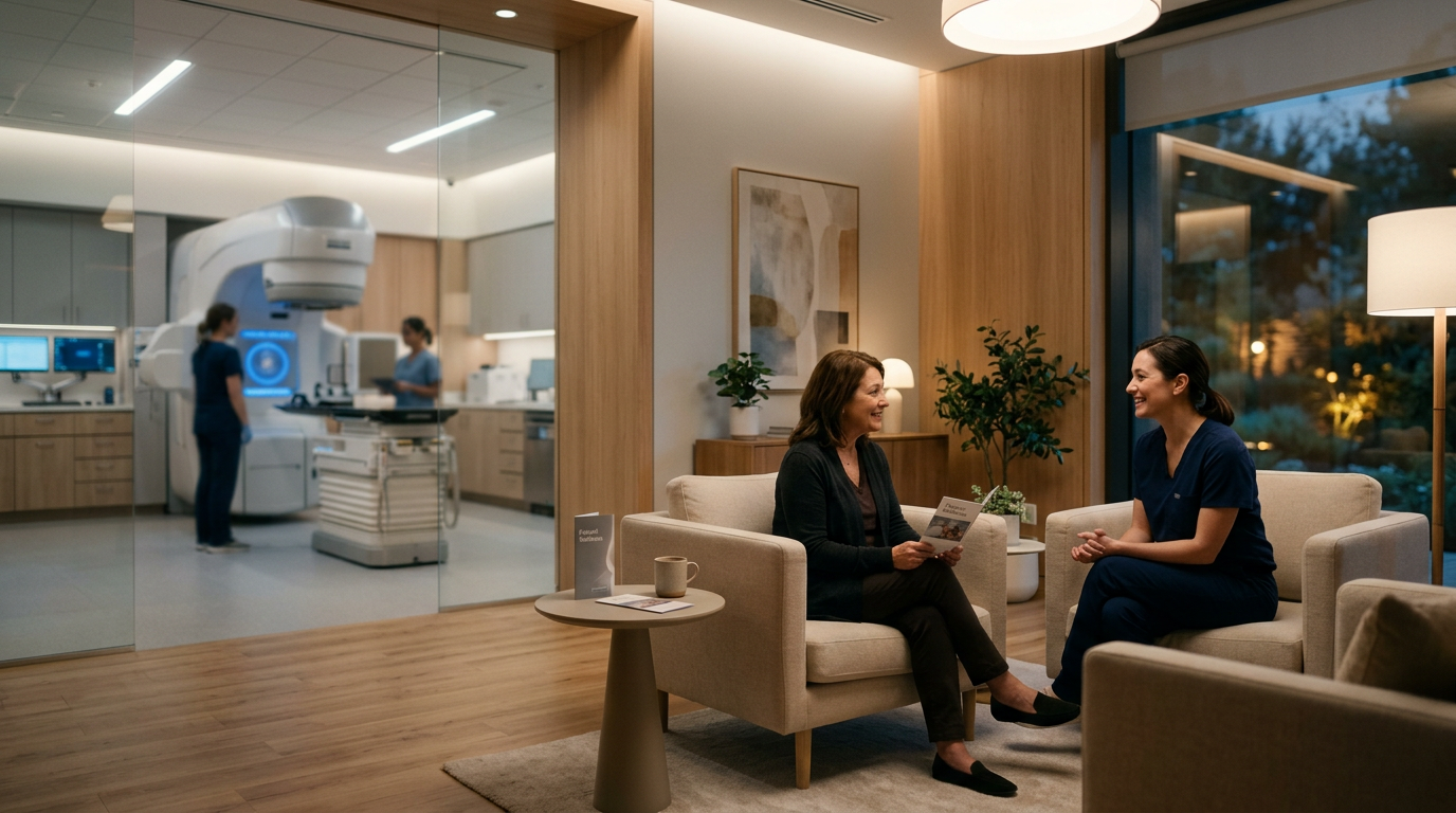 Gelişmiş, hasta odaklı kanser bakımı sunmaya odaklanan modern bir klinik ortam.