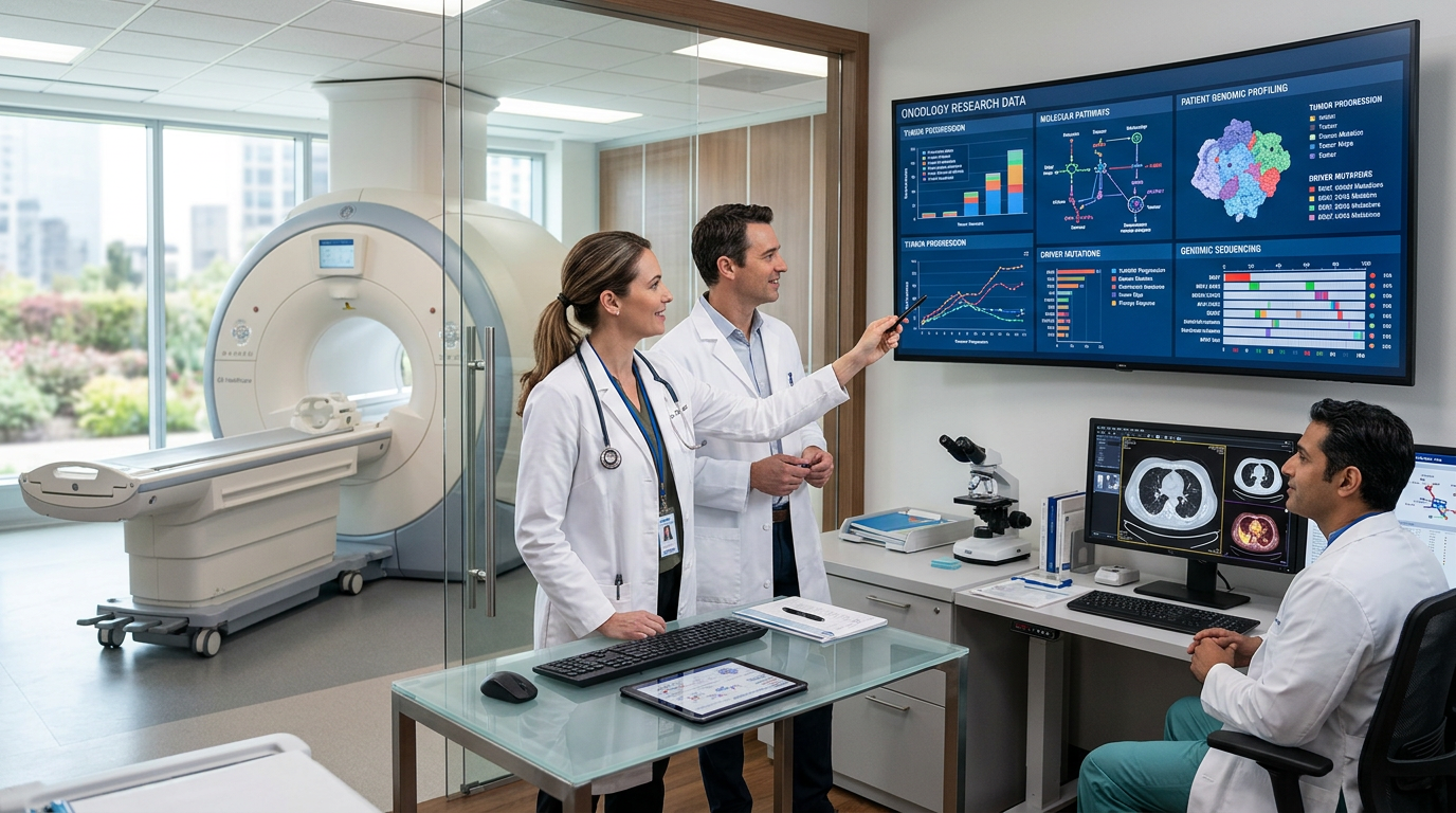 Modern onkoloji tanı iş akışlarını gösteren klinik araştırma ortamı.