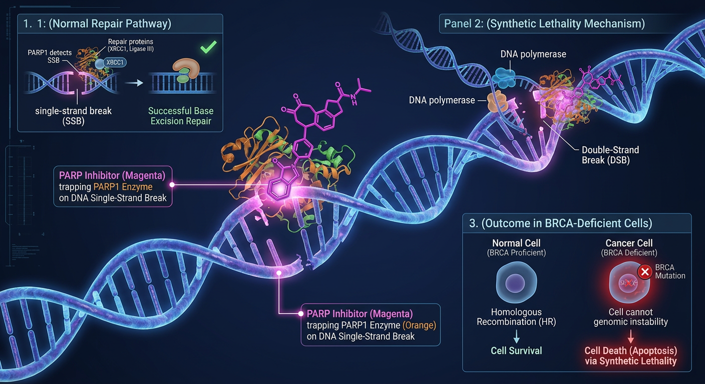 Kanser hücrelerinde PARP inhibitörü mekanizmasının moleküler görselleştirmesi.