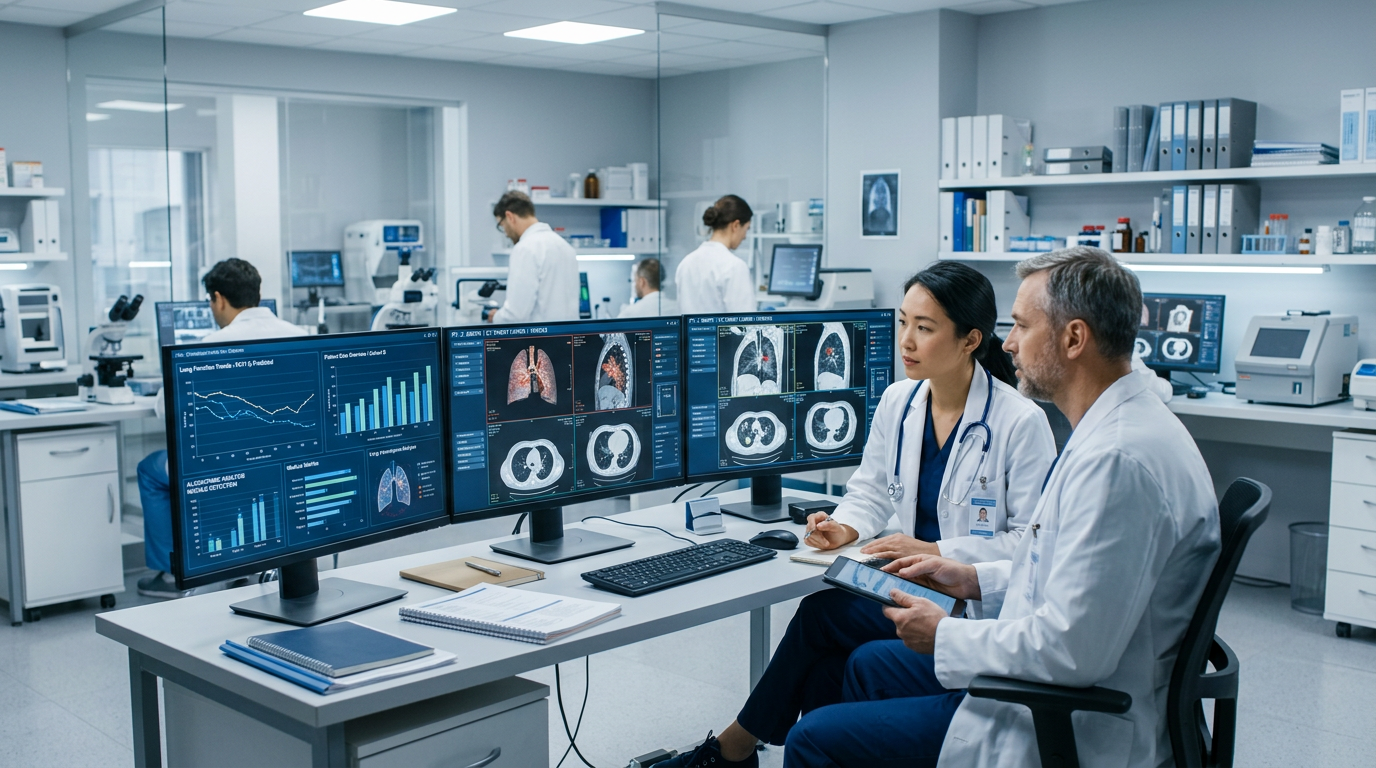 Modern onkoloji ortamında gelişmiş klinik görüntüleme ve veri analizi.