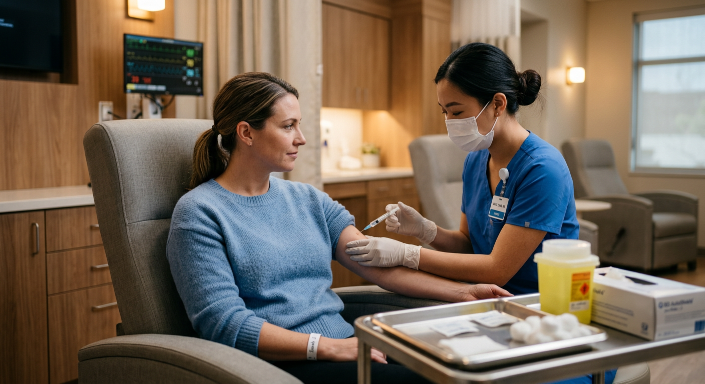 Hastalar için erişilebilir immünoterapi sunan modern klinik infüzyon ünitesi.