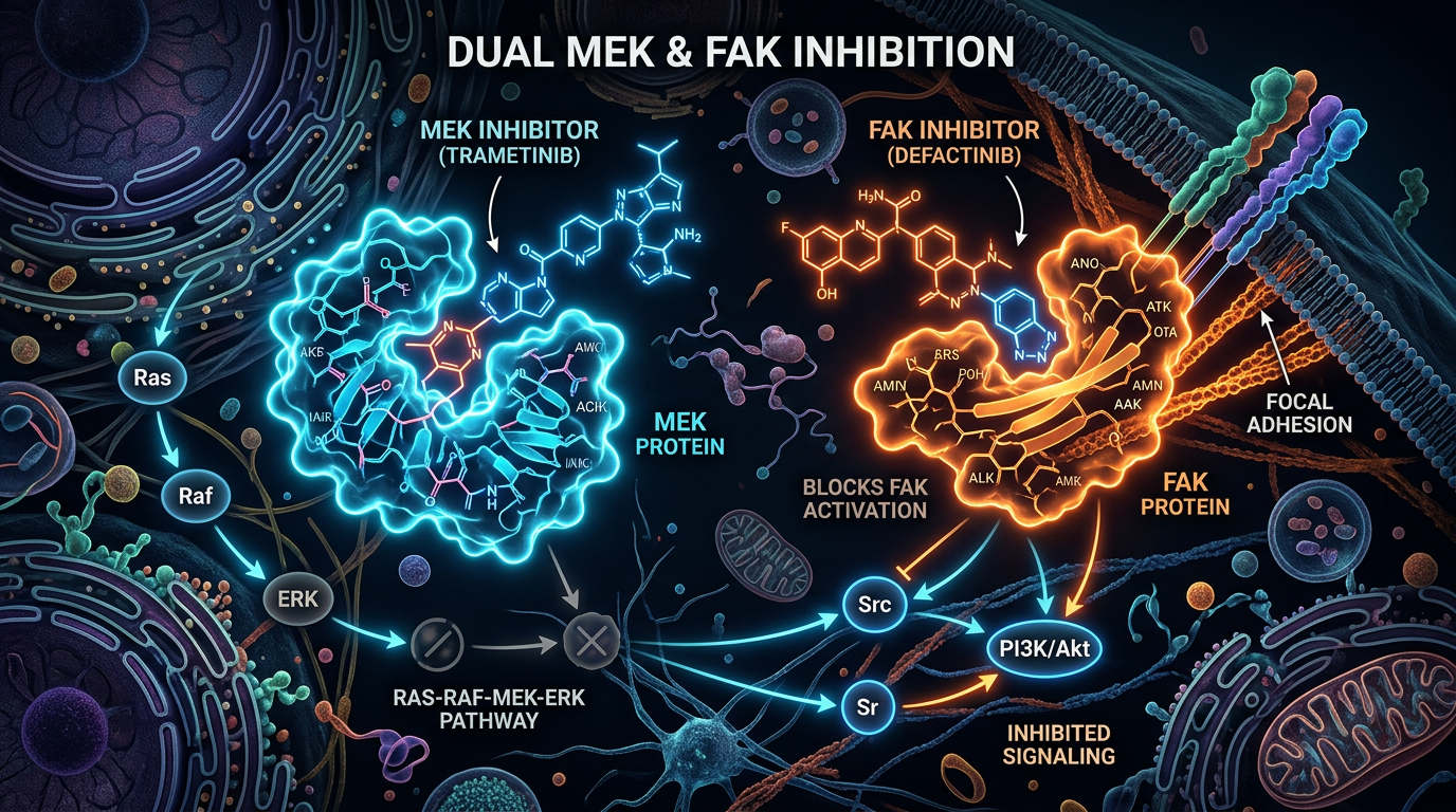 RAS/MAPK ve FAK yollarının ikili inhibisyonunu gösteren hücresel şema.
