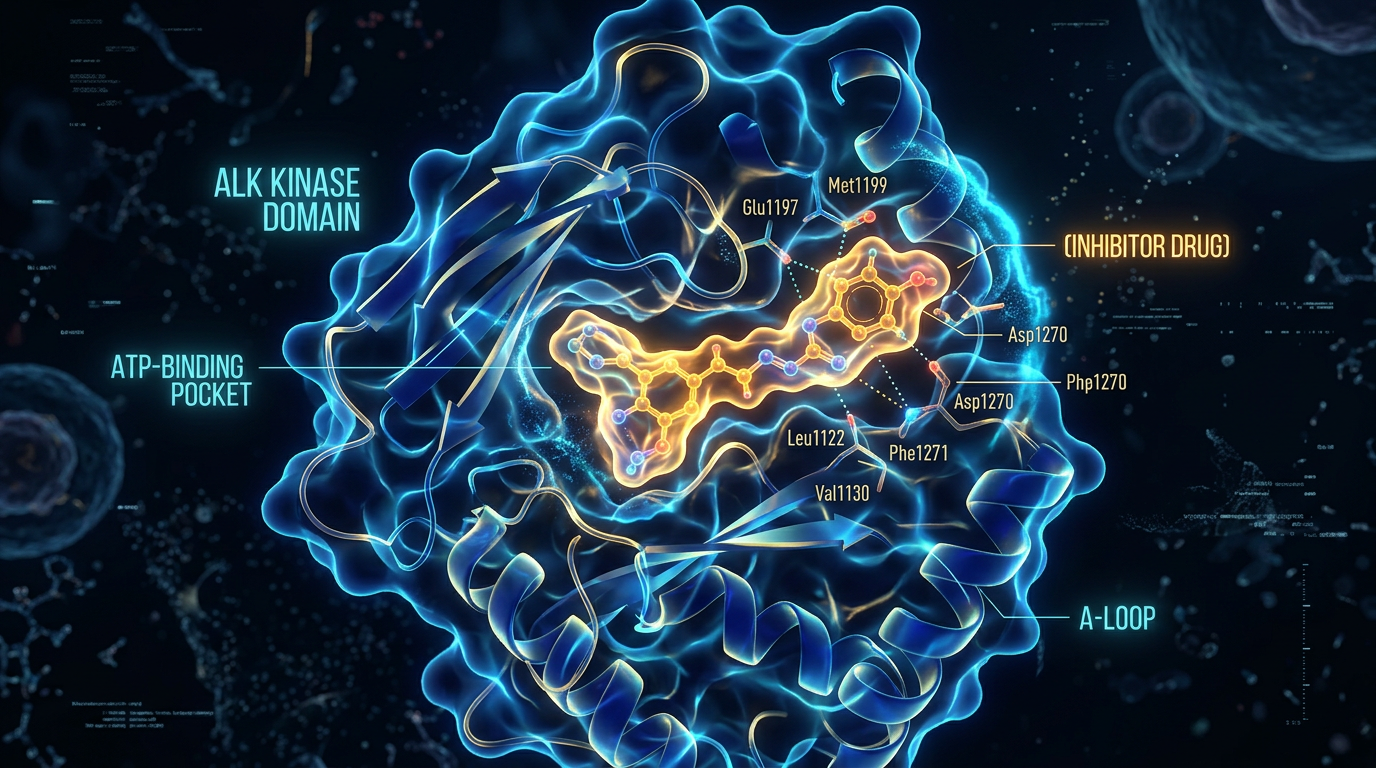 Bir proteine bağlanan ALK inhibitörünün moleküler görselleştirmesi.