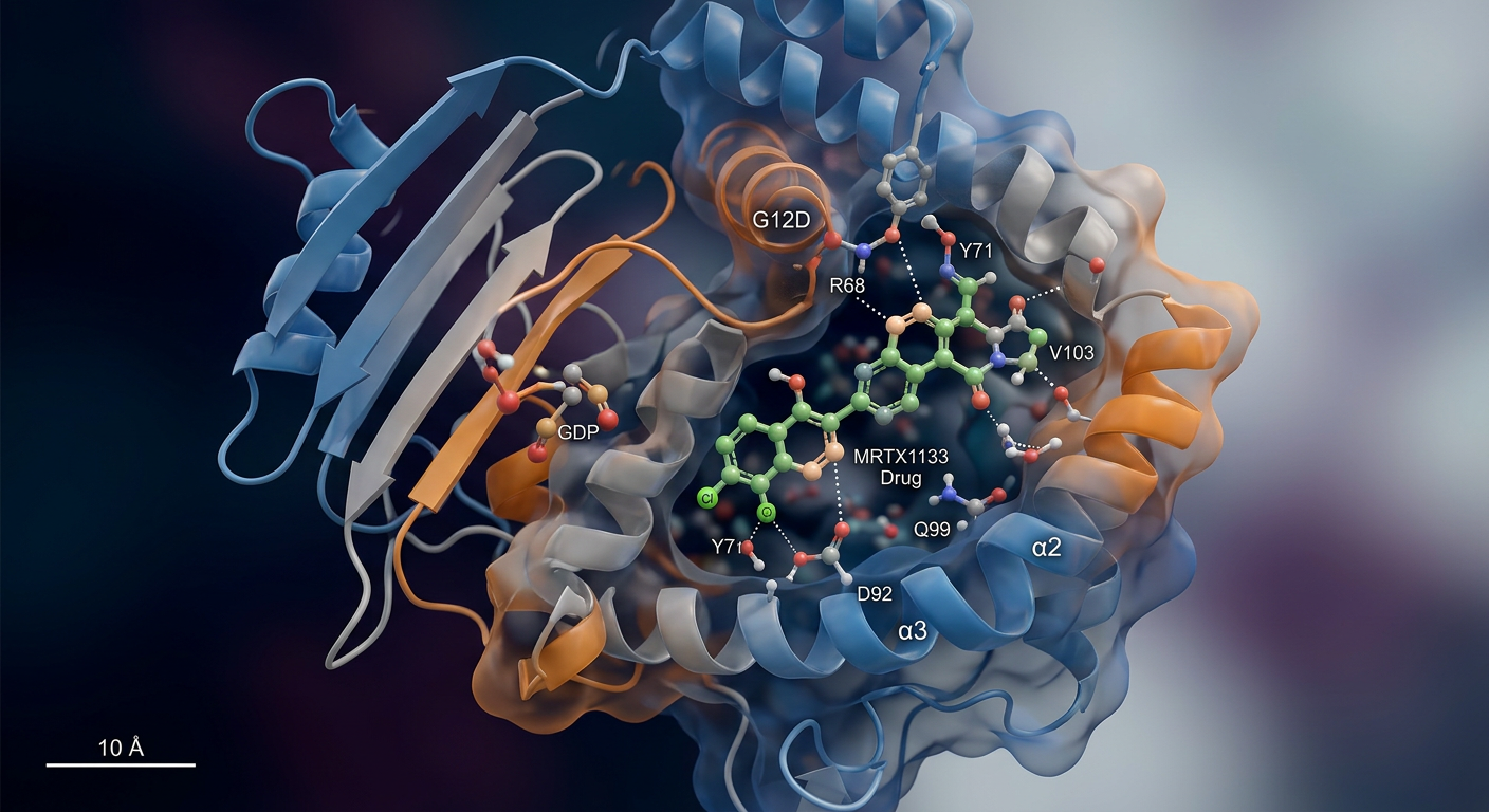 RAS(ON) inhibitörünün aktif KRAS proteinine bağlanma mekanizması.