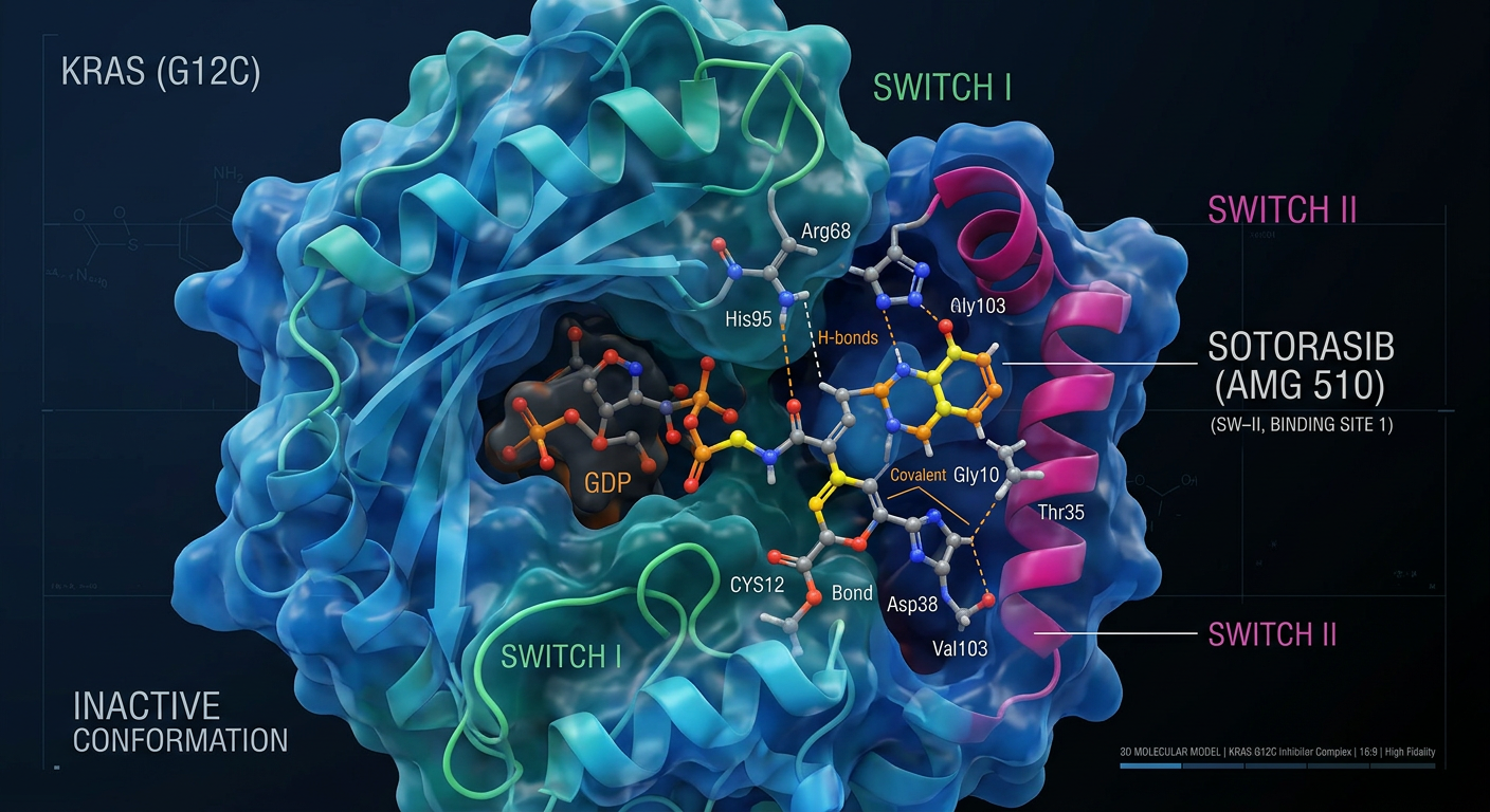 Daraxonrasib'in KRAS proteinini inhibe ettiği moleküler görselleştirme.
