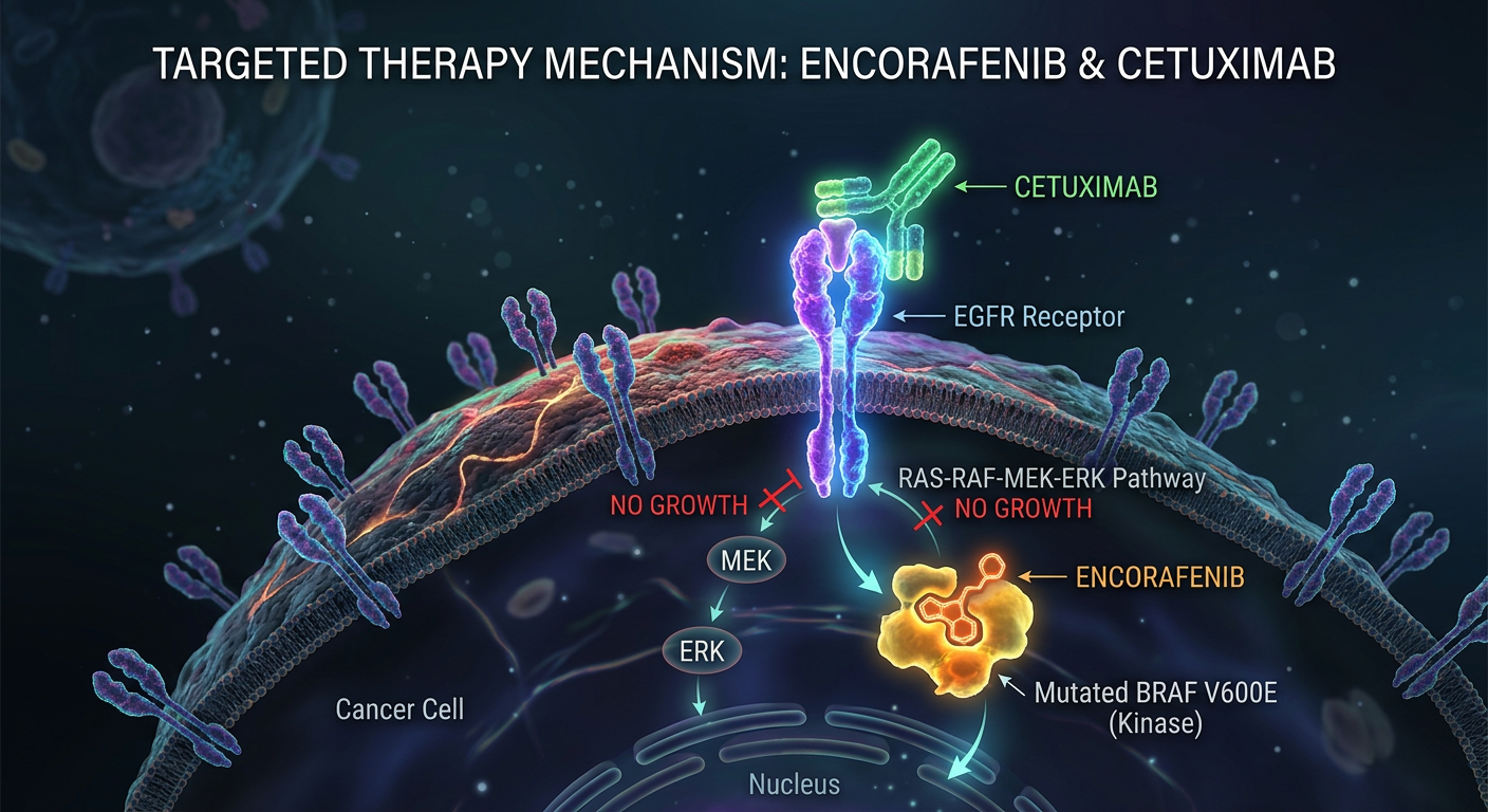 Moleküler mekanizma: Kanser hücrelerinde BRAF ve EGFR yollarının ikili hedeflenmesi.