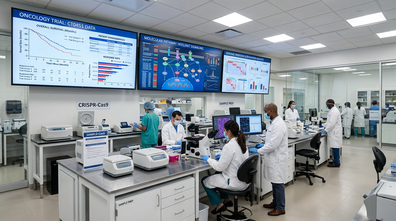 Klinik çalışma verilerini ve moleküler yolları analiz eden modern onkoloji laboratuvarı.