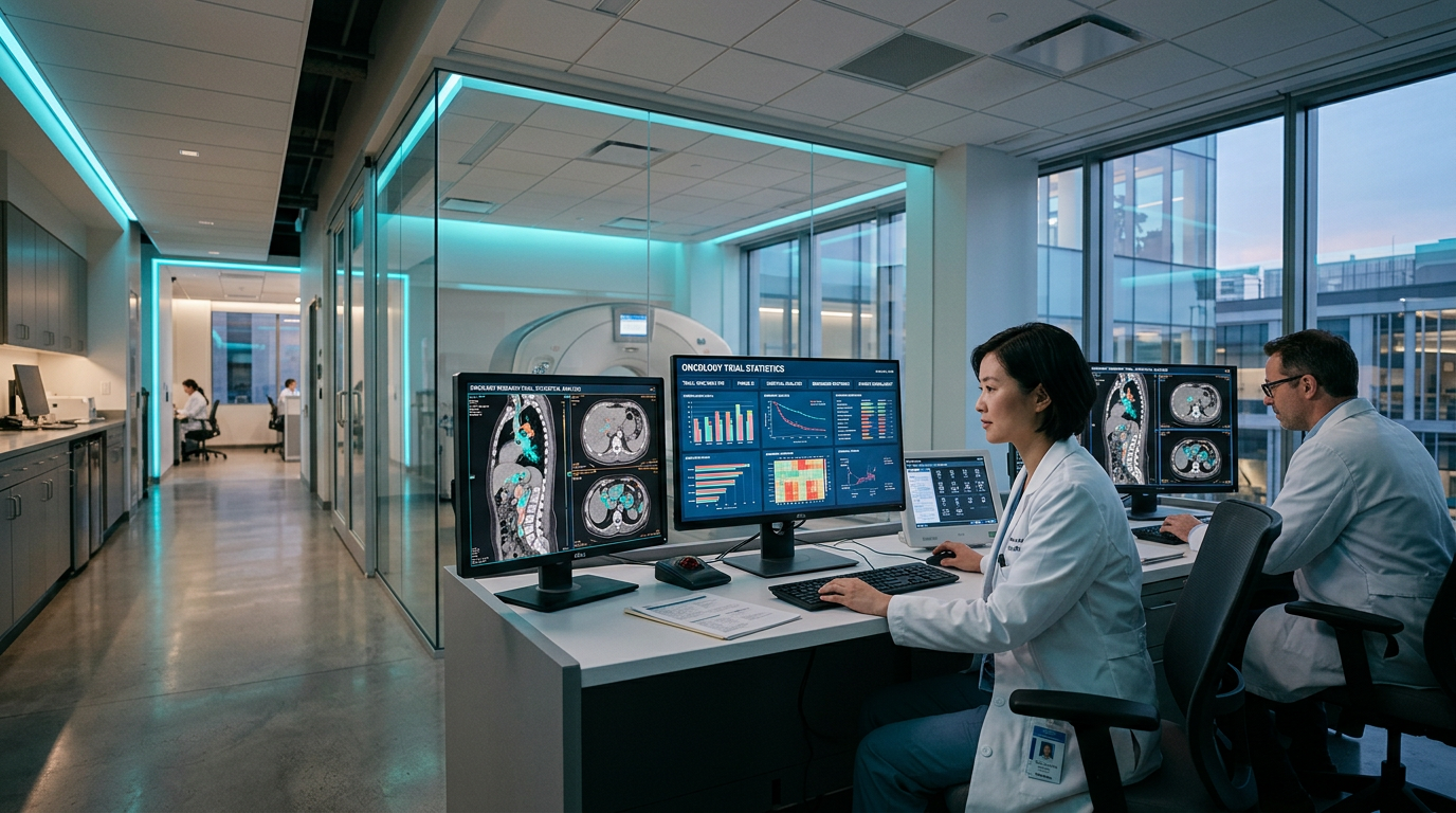 İleri evre akciğer kanseri klinik verilerinin ve araştırma istatistiklerinin incelendiği modern bir araştırma tesisi.