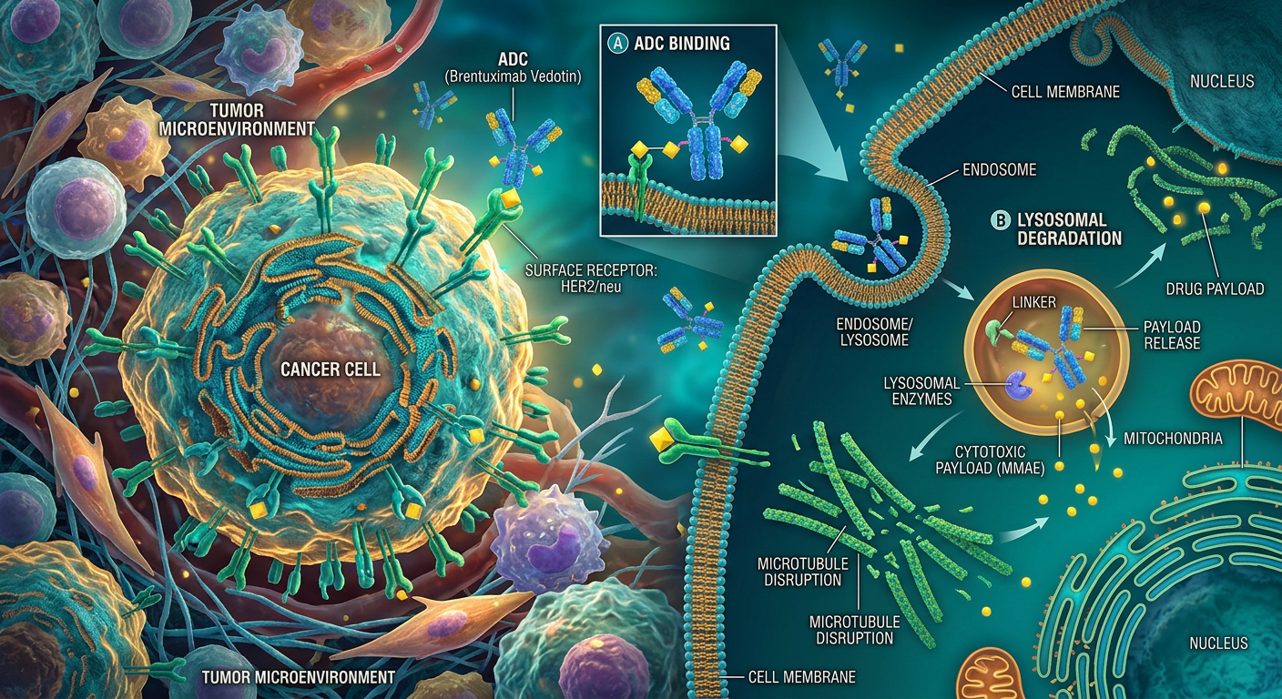 Kanser hücrelerini hedefleyen antikor-ilaç konjugatının moleküler görselleştirmesi.