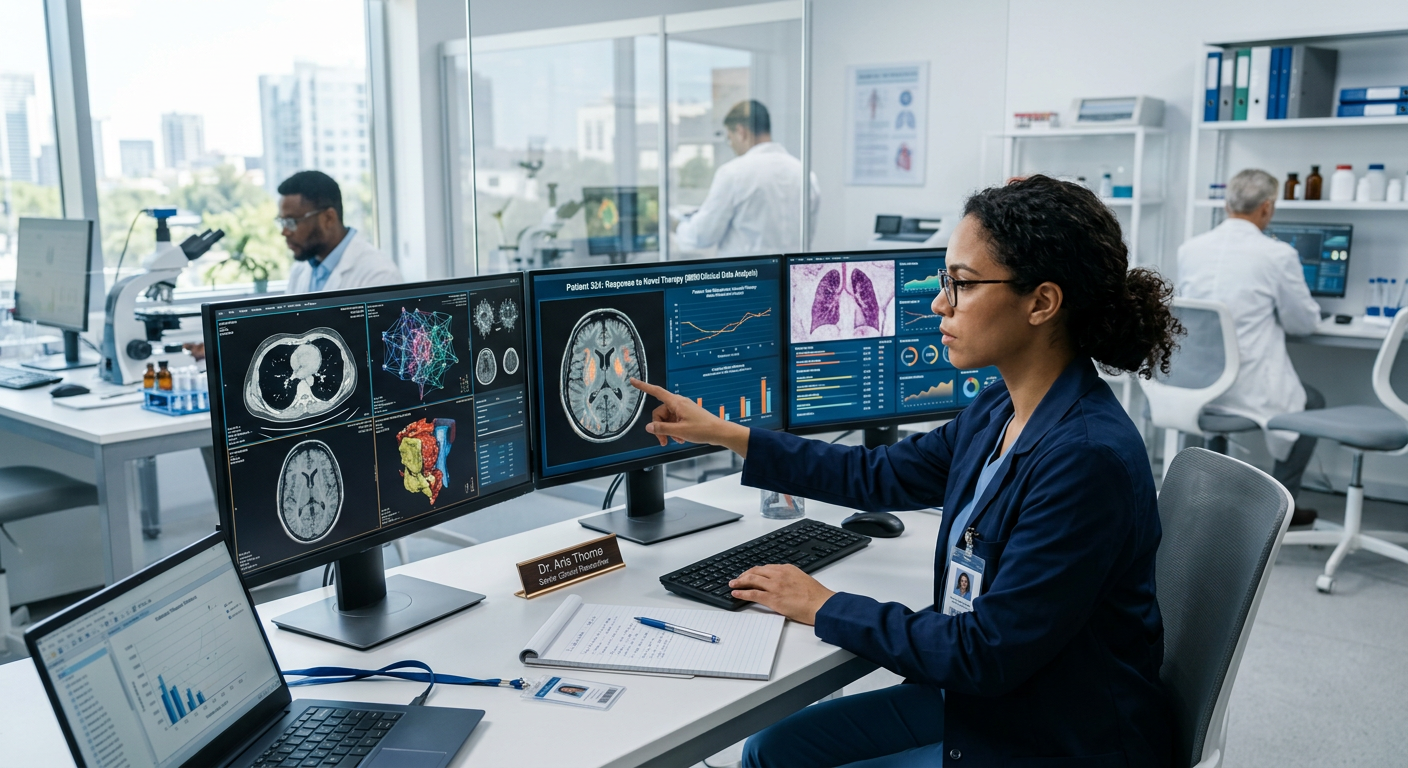 Modern bir tıp merkezinde gelişmiş tanı verilerini inceleyen klinik araştırmacı.