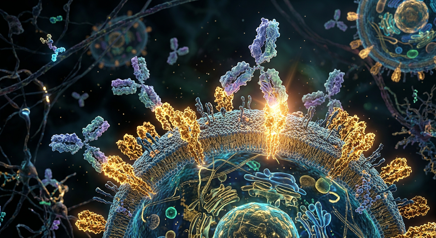 Daratumumab'ın miyelom hücrelerindeki CD38 reseptörlerini hedefleyen moleküler görünümü.