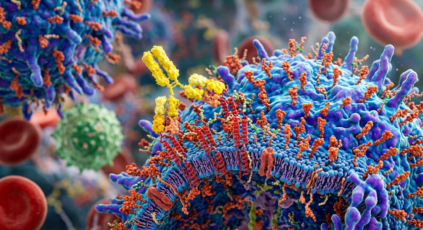 Daratumumab'ın miyelom hücrelerindeki CD38 reseptörlerine bağlanmasının moleküler görselleştirmesi.