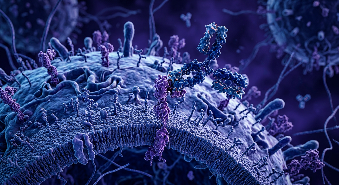 Daratumumab'ın miyelom hücresi üzerindeki CD38 proteinlerini hedeflemesinin moleküler görselleştirmesi.