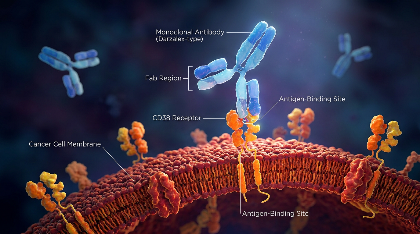Daratumumab'ın CD38 reseptörlerine bağlanmasını gösteren moleküler görselleştirme.