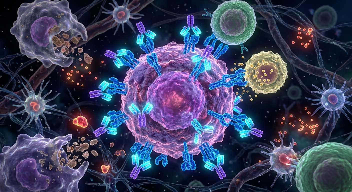 Miyelom hücrelerindeki CD38 reseptörlerine bağlanan daratumumab molekülleri.