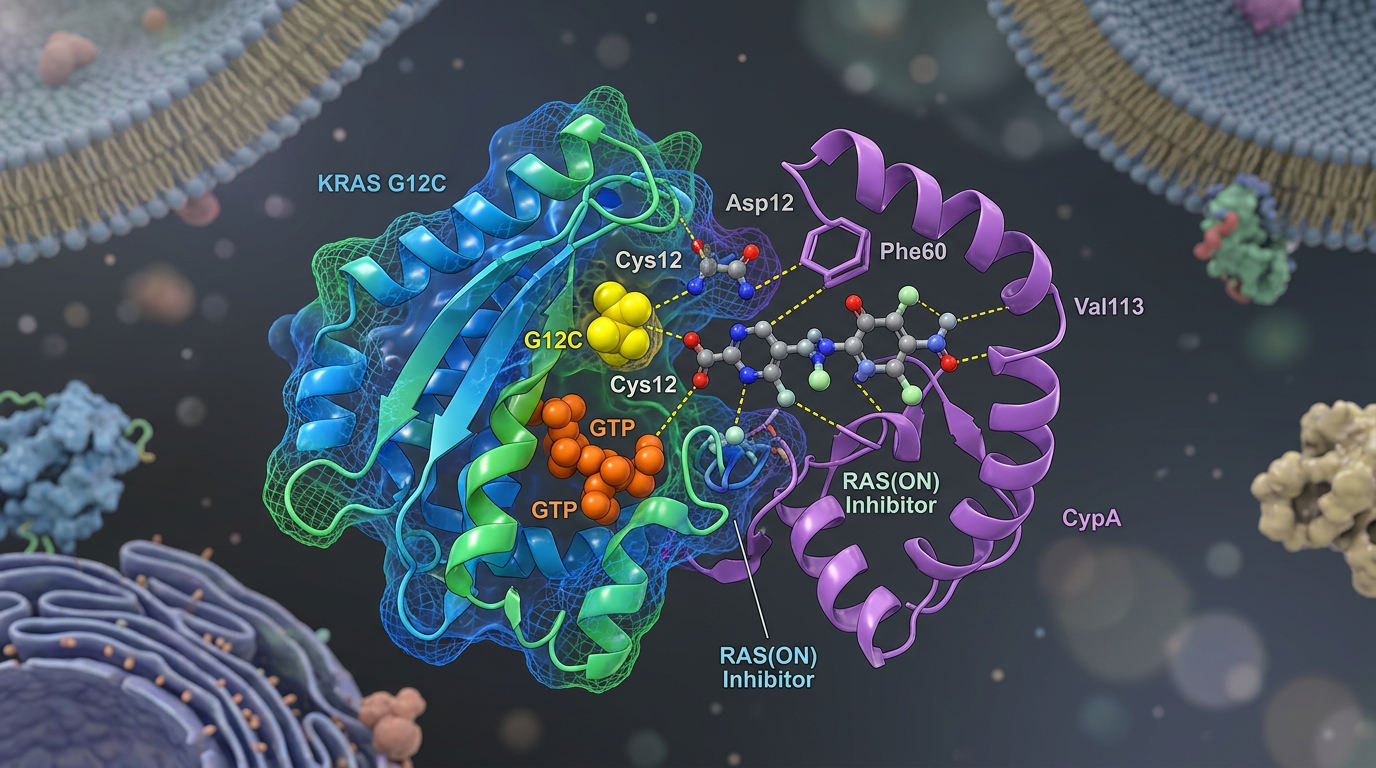 RAS(ON) tri-kompleksinin KRAS proteinini inhibe ettiğini gösteren moleküler modelleme.