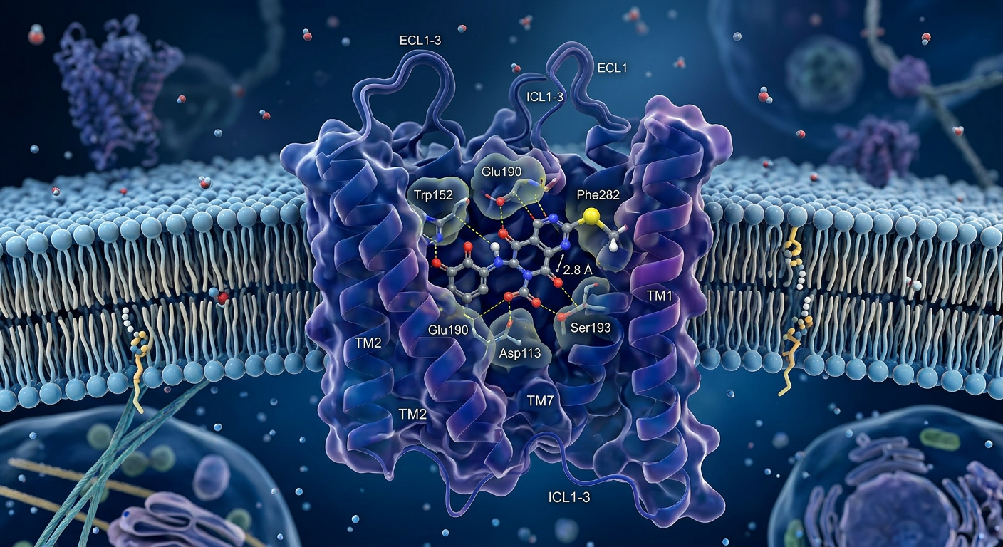Hücresel ortamda ikinci nesil bir androjen reseptör inhibitörünün moleküler bağlanma temsili.