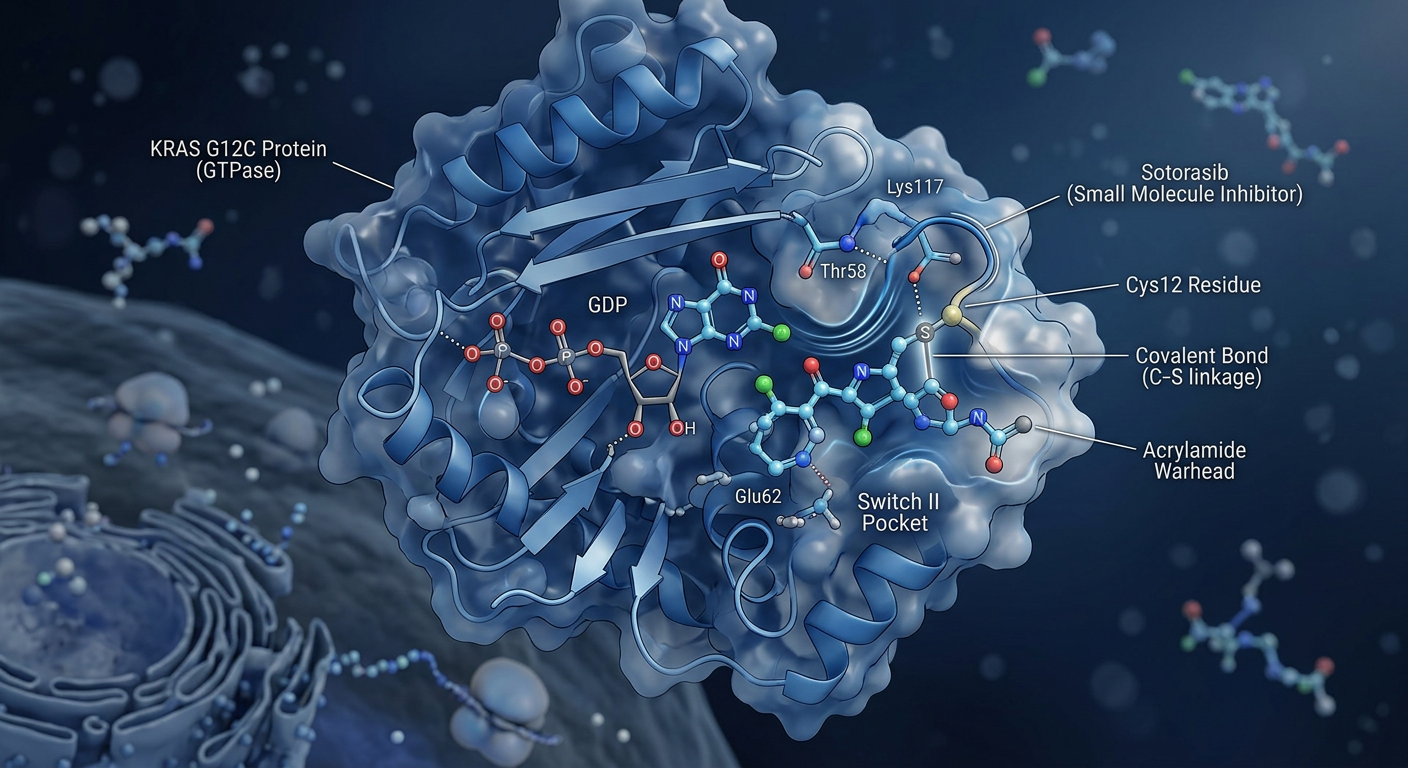 Divarasib molekülünün KRAS G12C mutant proteinini etkili bir şekilde kilitleme mekanizması.