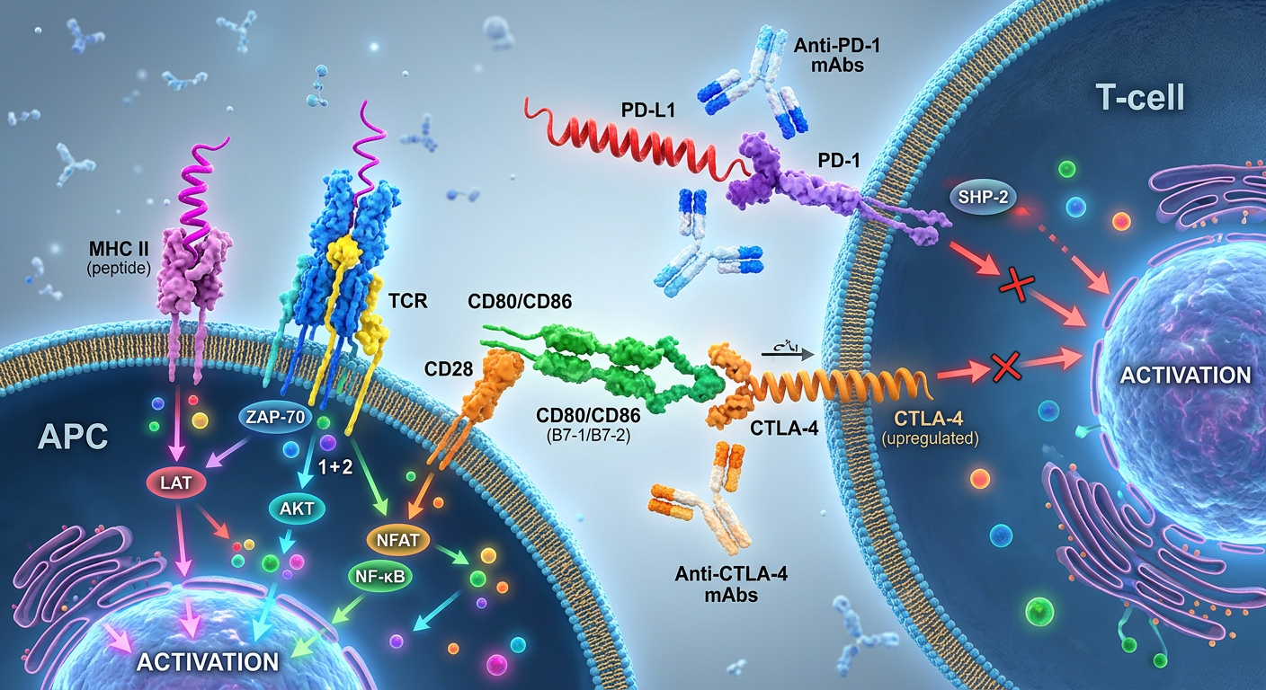 PD-1 ve CTLA-4 yollarını bloke eden çift kontrol noktası inhibisyon mekanizması.