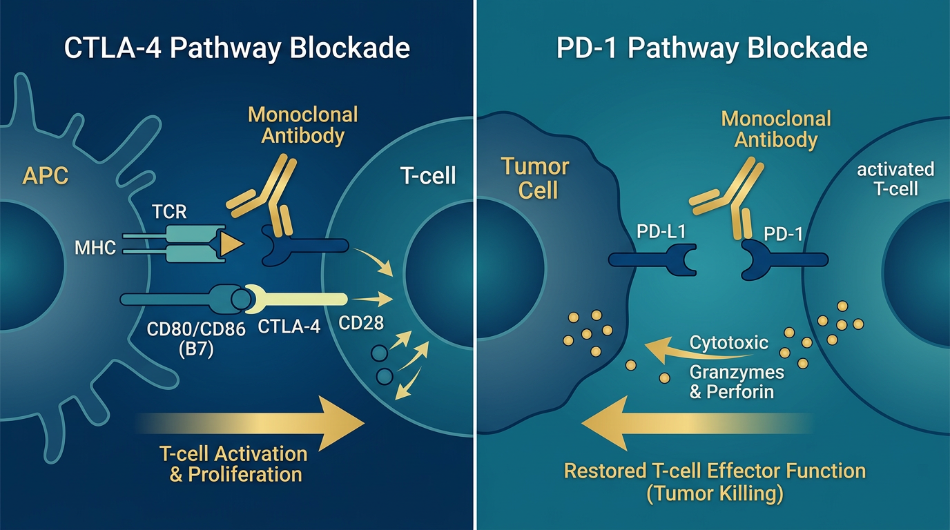 PD-1 ve CTLA-4 yollarının ikili blokajını gösteren moleküler mekanizma.