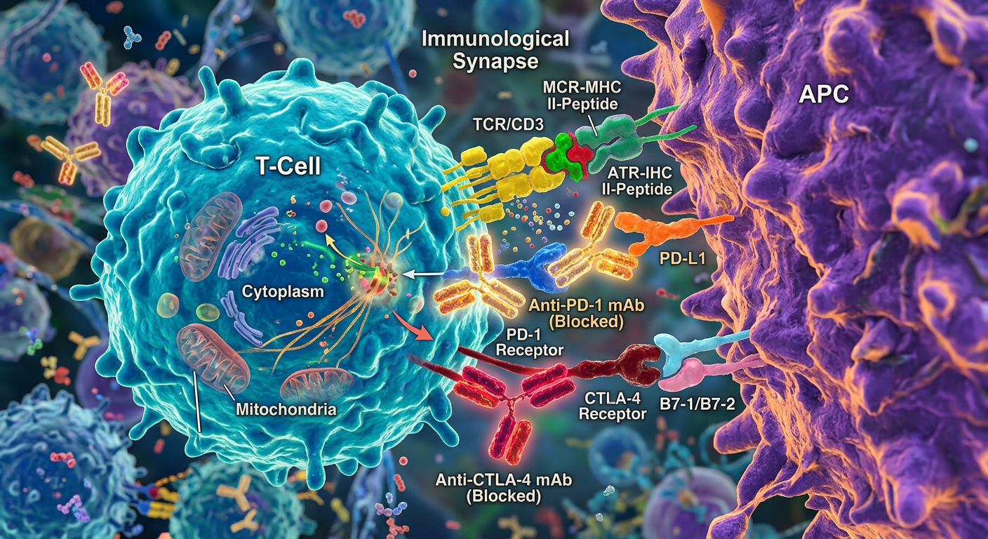 T-hücresi aktivasyonu için PD-1 ve CTLA-4 blokajını gösteren moleküler mekanizma.