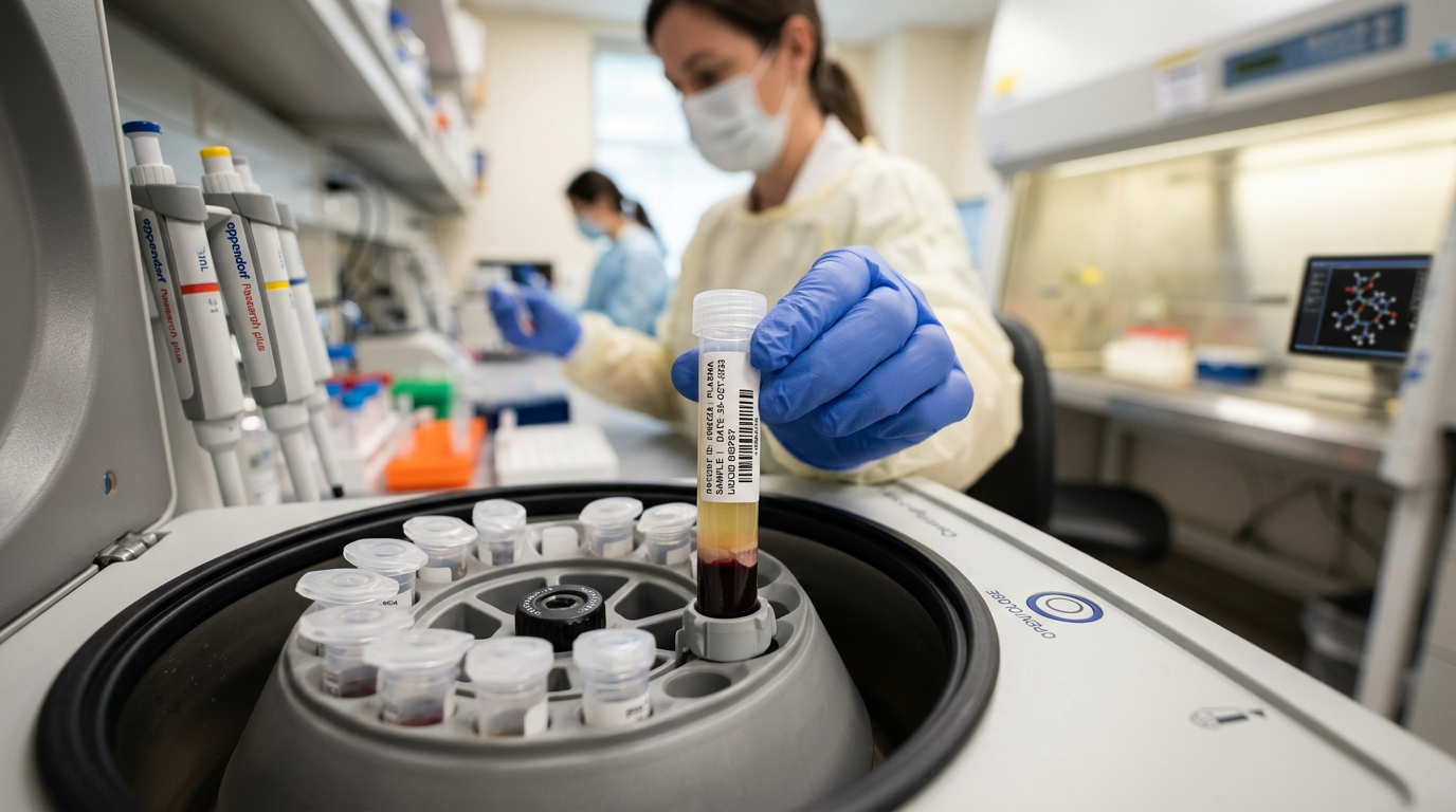 Modern bir onkoloji laboratuvarında sıvı biyopsi test süreci.