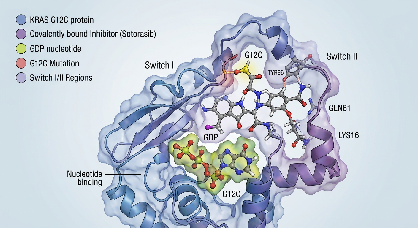 KRAS G12C protein inhibitörünün moleküler düzeydeki etkileşim görselleştirmesi.