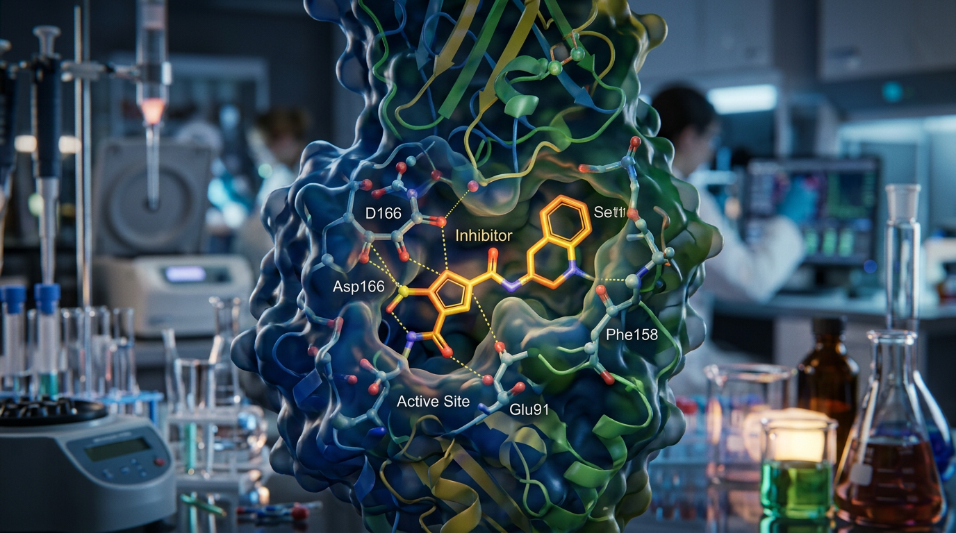 Elisrasib'in KRAS proteinine kovalent bağlanma mekanizmasının yakın plan görüntüsü.