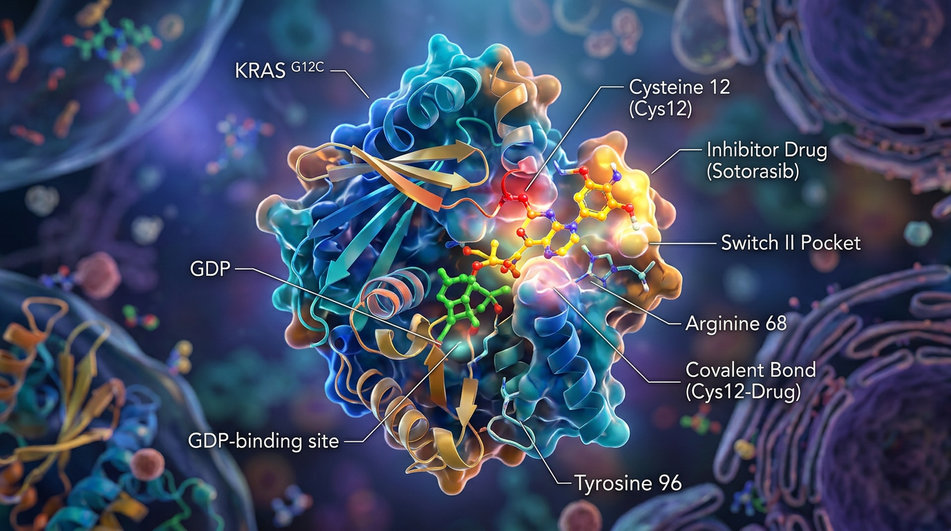 Elisrasib inhibitörünün KRAS G12C proteinine bağlanmasını gösteren moleküler görselleştirme.