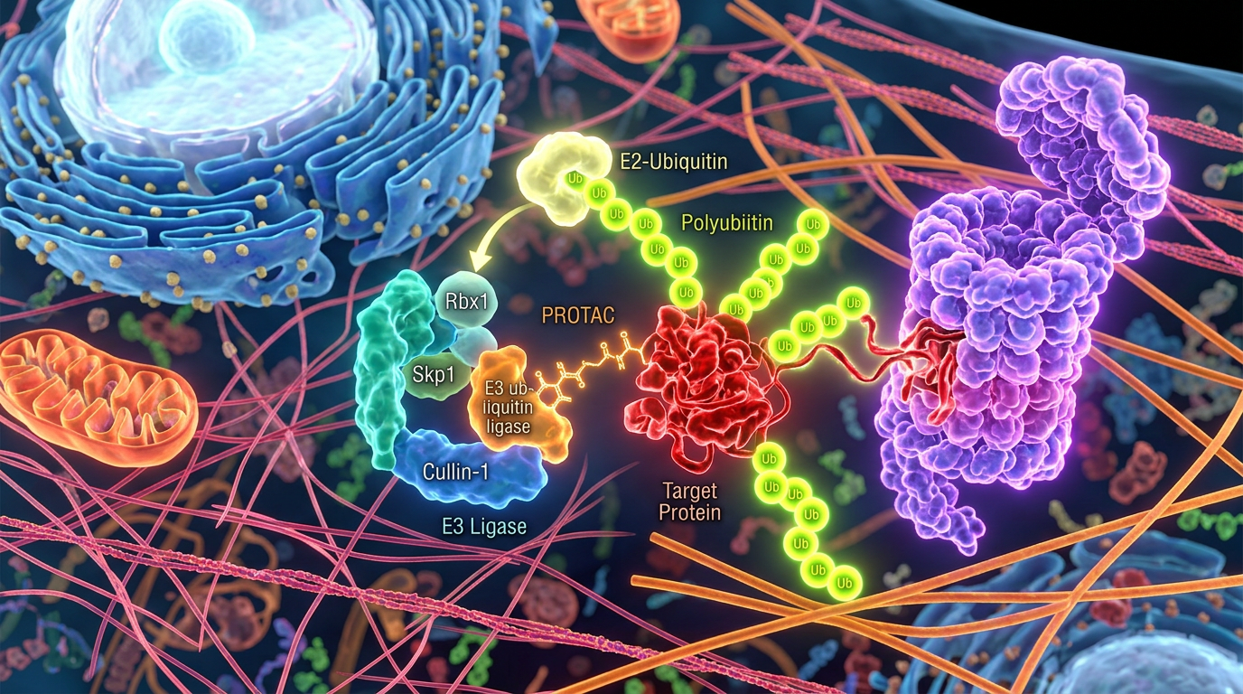 Mutant proteinlerin hedefe yönelik yıkım mekanizmasını gösteren hücre içi simülasyon.