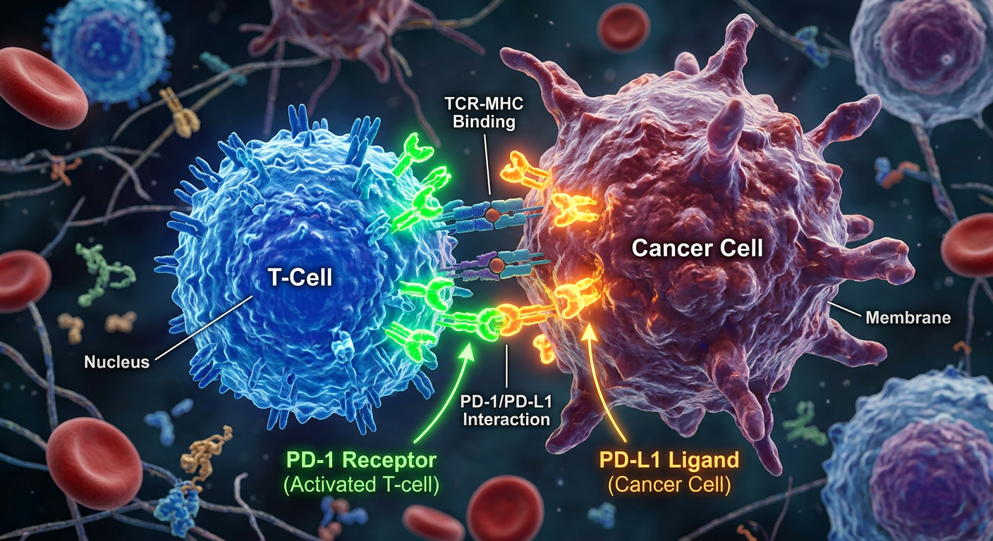 PD-1/PD-L1 yolağı inhibisyonunun moleküler düzeyde görselleştirilmesi.