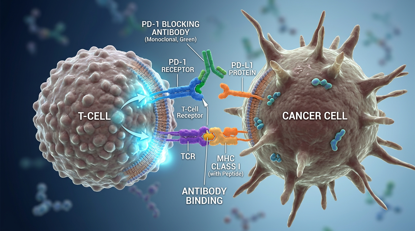 Monoklonal antikorlar ile PD-1/PD-L1 yolu inhibisyonunun moleküler görselleştirmesi.