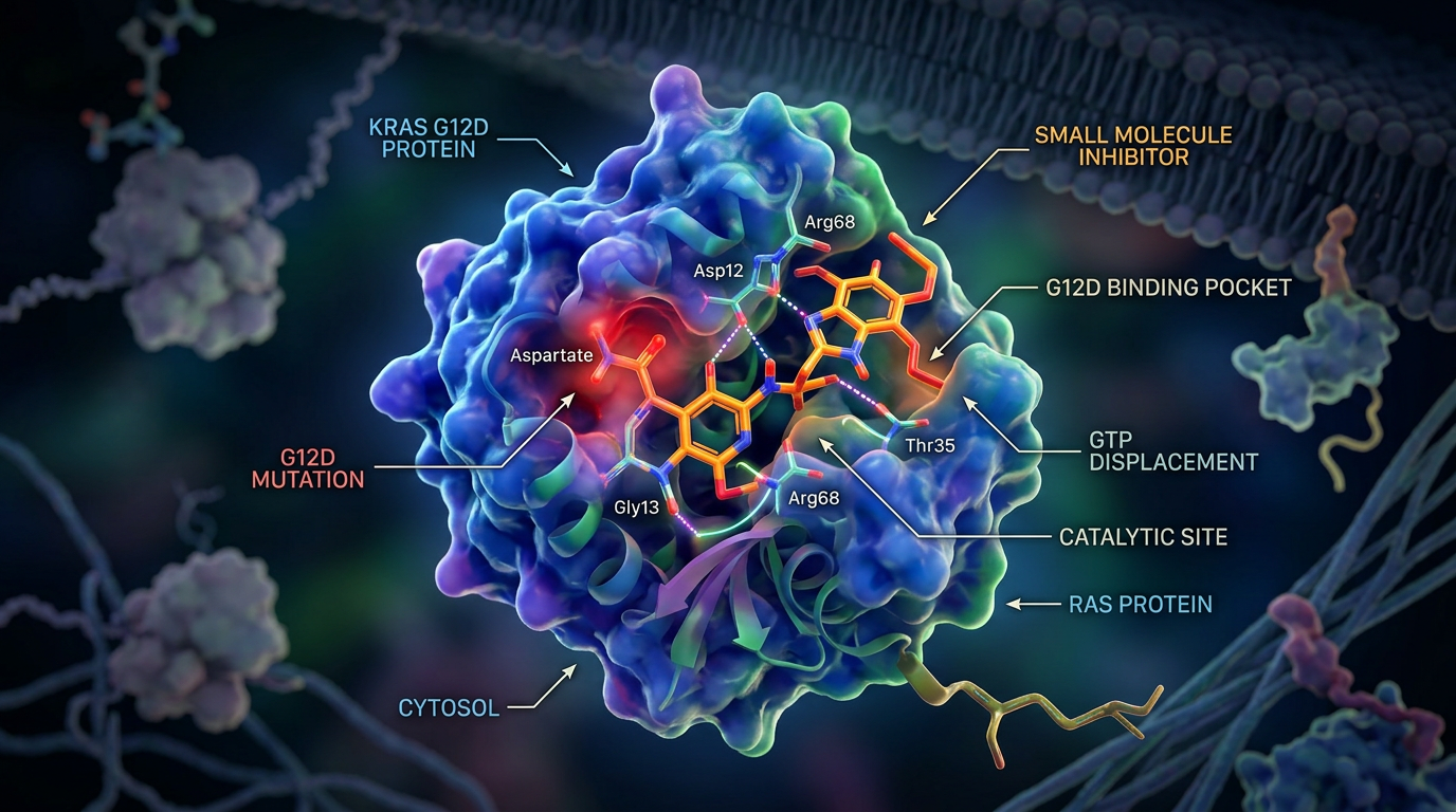 KRAS G12D proteinini hedefleyen INCB161734 inhibitörünün moleküler görselleştirmesi.