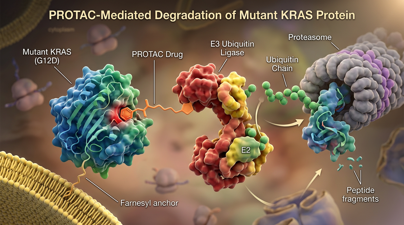 Setidegrasib mekanizması, mutant KRAS proteinlerinin hedeflenerek parçalanmasını içerir.