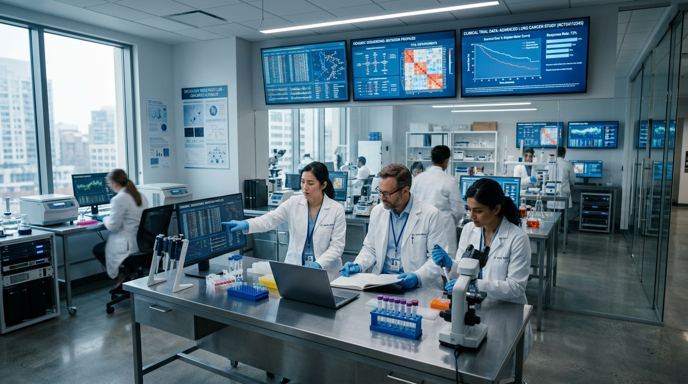 Hassas tıp için klinik çalışma verilerini analiz eden modern onkoloji araştırma tesisi.