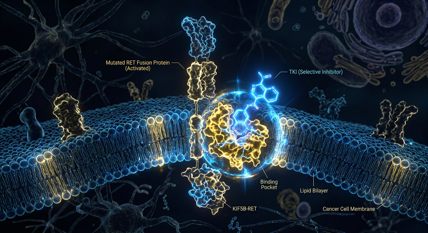 Selperkatinib molekülünün bir RET füzyon proteinine seçici bağlanmasının 3 boyutlu gösterimi.