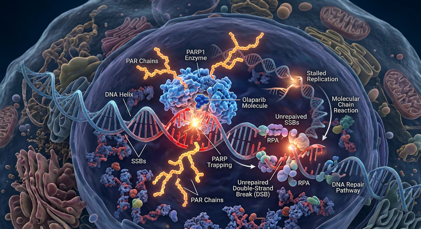 PARP inhibitörlerinin DNA onarım yollarını hedefleyen mekanizmasının illüstrasyonu.