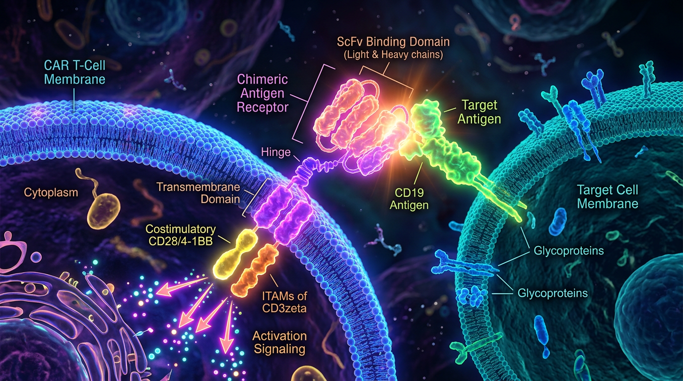 CAR-T hücrelerinin kanser hücrelerindeki BCMA reseptörlerine bağlanmasının moleküler görünümü.