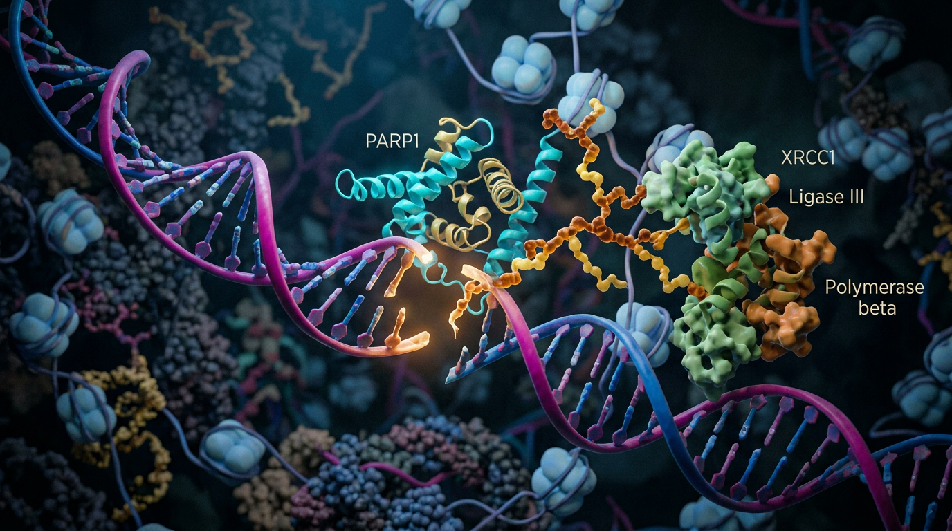 PARP inhibisyonu ve DNA onarım yollarının moleküler görselleştirmesi.
