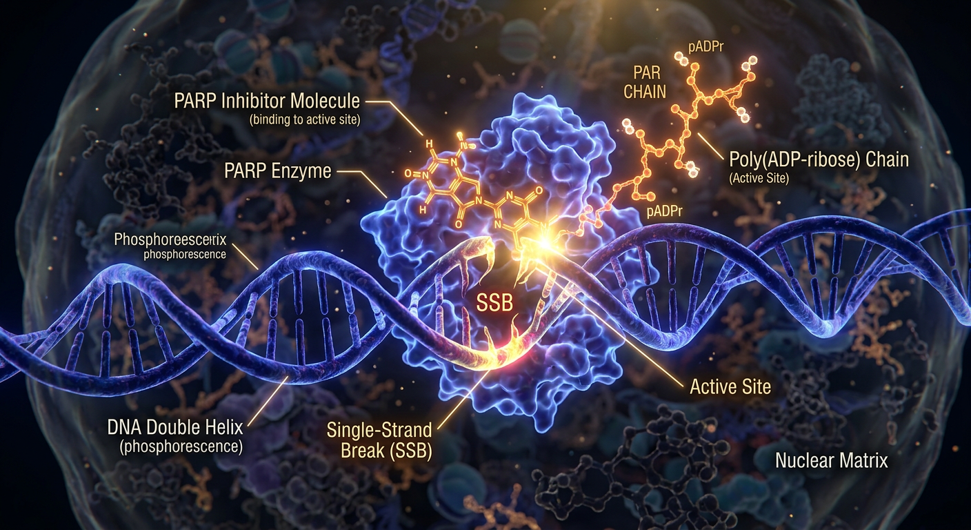 PARP inhibitörünün DNA kırıklarını hapsetmesini gösteren moleküler görsel.