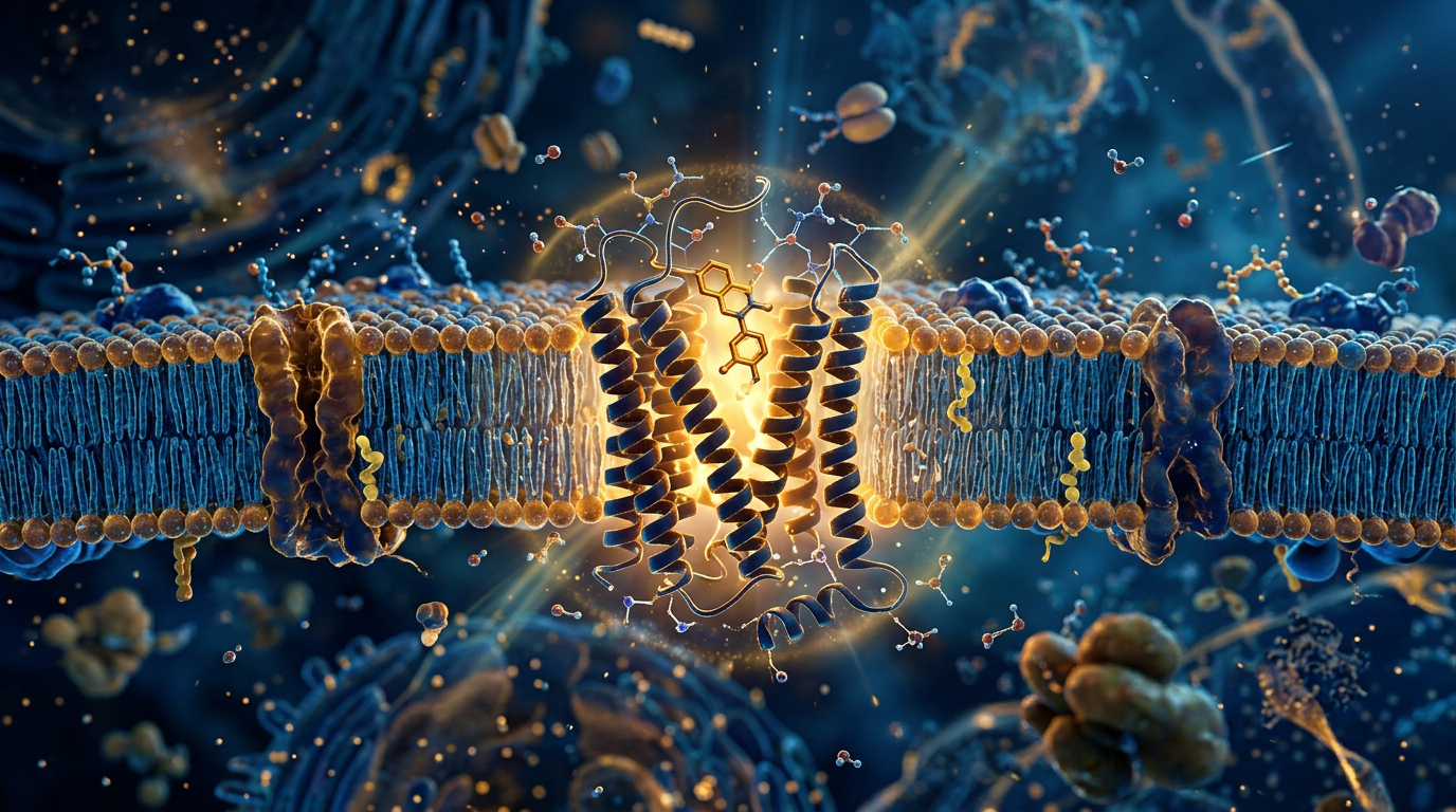 Hücresel reseptörlerle etkileşime giren hedefli bir moleküler inhibitörün bilimsel görselleştirmesi.