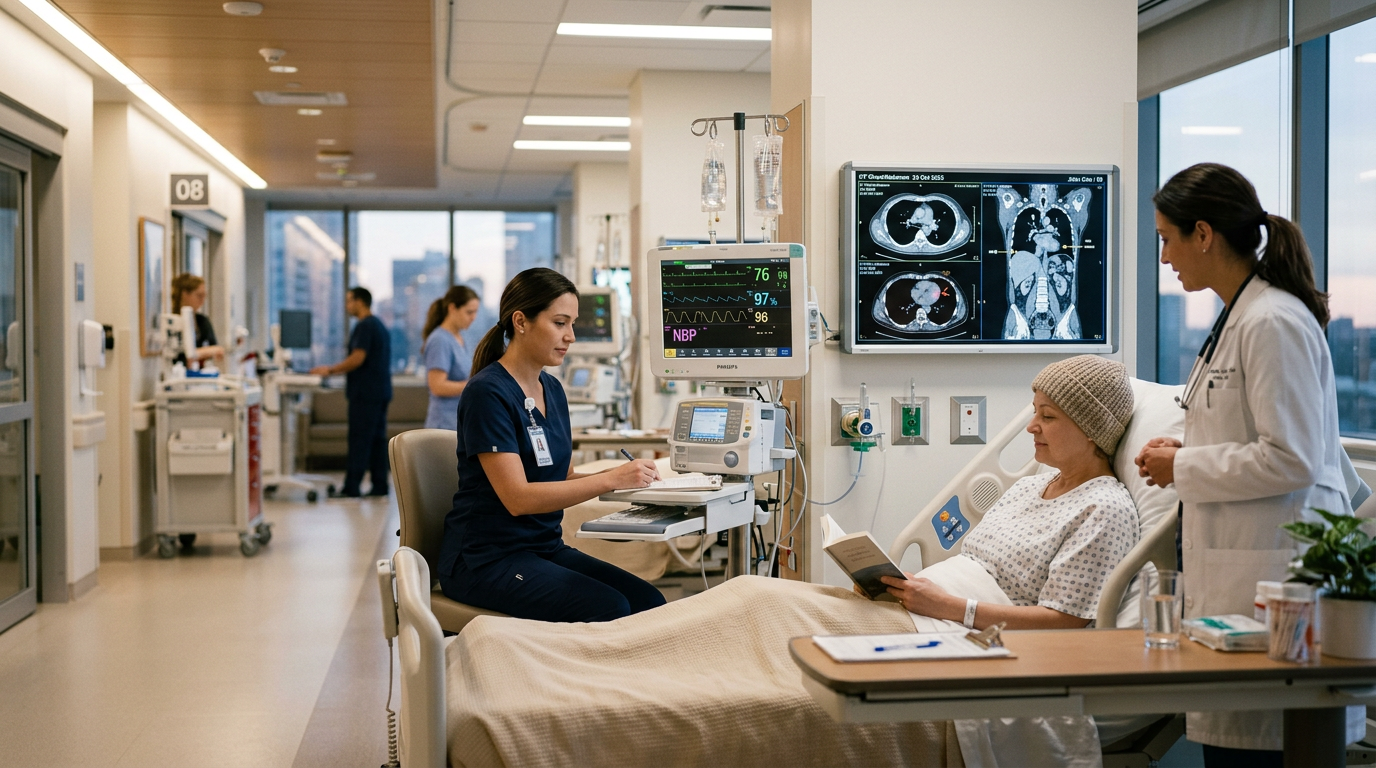 Modern bir onkoloji tedavi merkezinde gelişmiş klinik tanı ve görüntüleme ekranları.