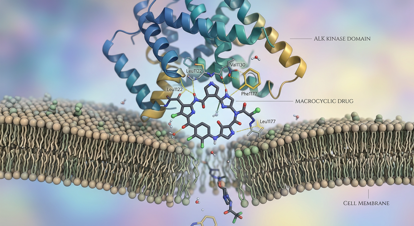 ALK protein reseptörünü hedefleyen neladalkib'in detaylı 3D yapısı.