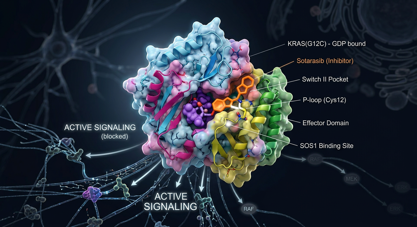 KRAS inhibitörlerinin onkojenik proteinlere bağlanmasının moleküler görselleştirmesi.