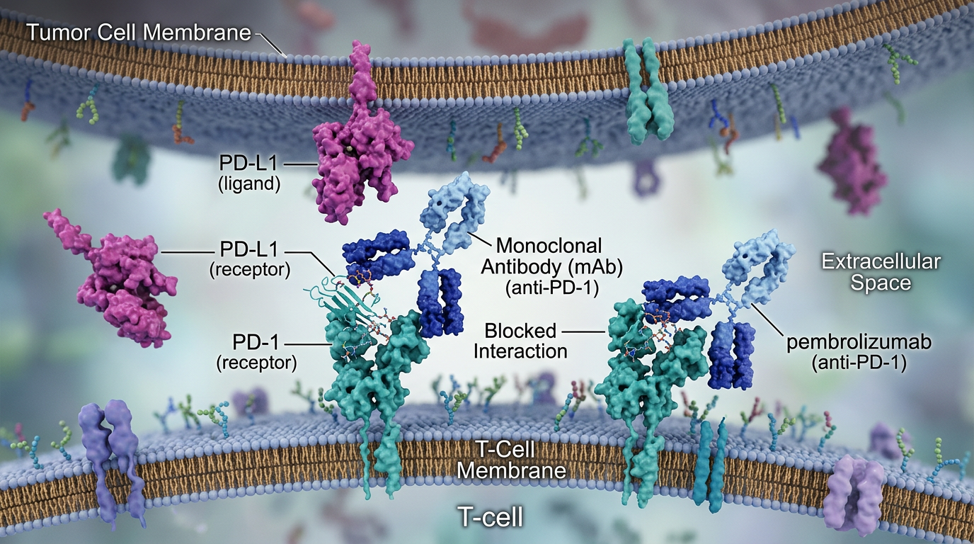Pembrolizumab'ın tümör hücrelerindeki PD-1 reseptörlerini bloke etme mekanizması.