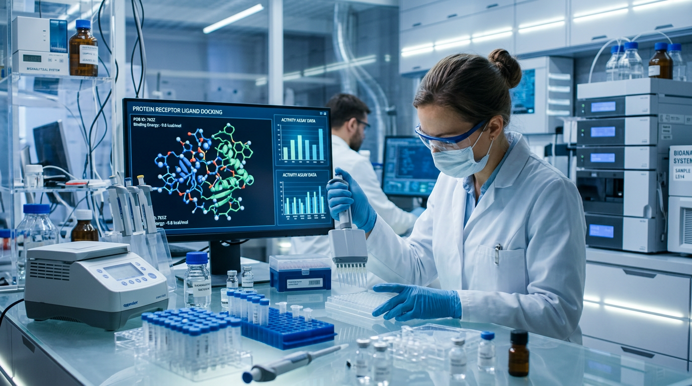 Modern bir laboratuvar ortamında biyobelirteç ve moleküler analiz süreci.