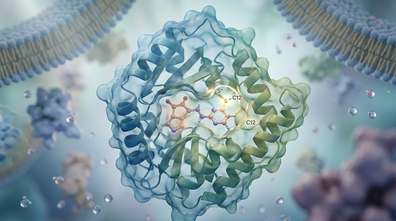 Kovalent inhibitörün KRAS G12C proteinine bağlanmasının moleküler görselleştirmesi.